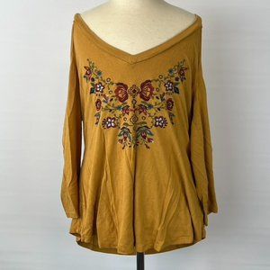 MINE Yellow Embroidered Cold Shoulder Top Blouse Shirt (Large)